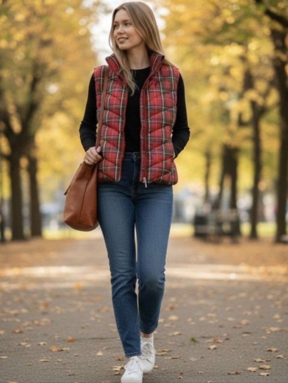 Lands' End Red Plaid Quilted Vest Size Medium